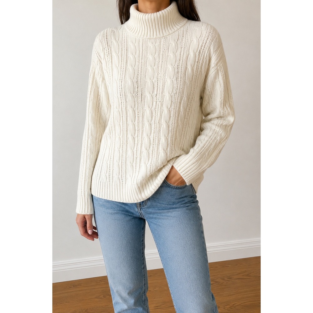 Thick‎ Cable Knit Turtleneck Sweater Women Large Cream Cotton Fisherman Preppy